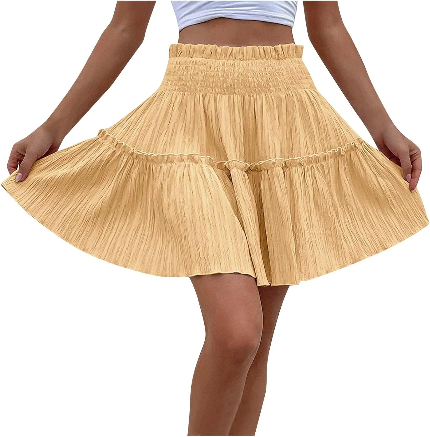 Summer Skirts for Women Flowy Pleated Skirts High Waist Ruffle Skirt Beach Mini Skirts Elastic Waist Vacation Skirts