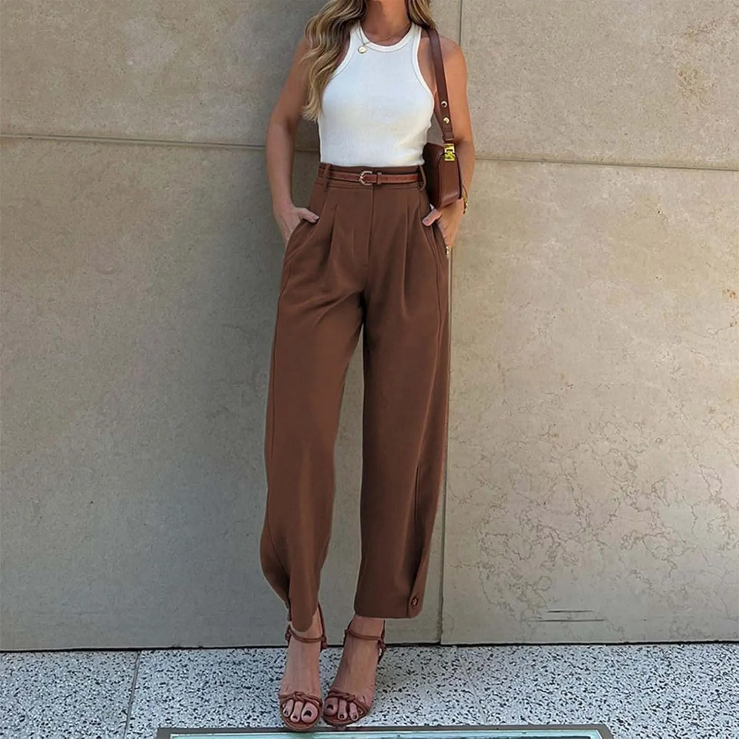 Summer Women High Waist Wide Leg Dress Pants Pleated Front Wide Waistband Elastic Work Casual Long Trousers