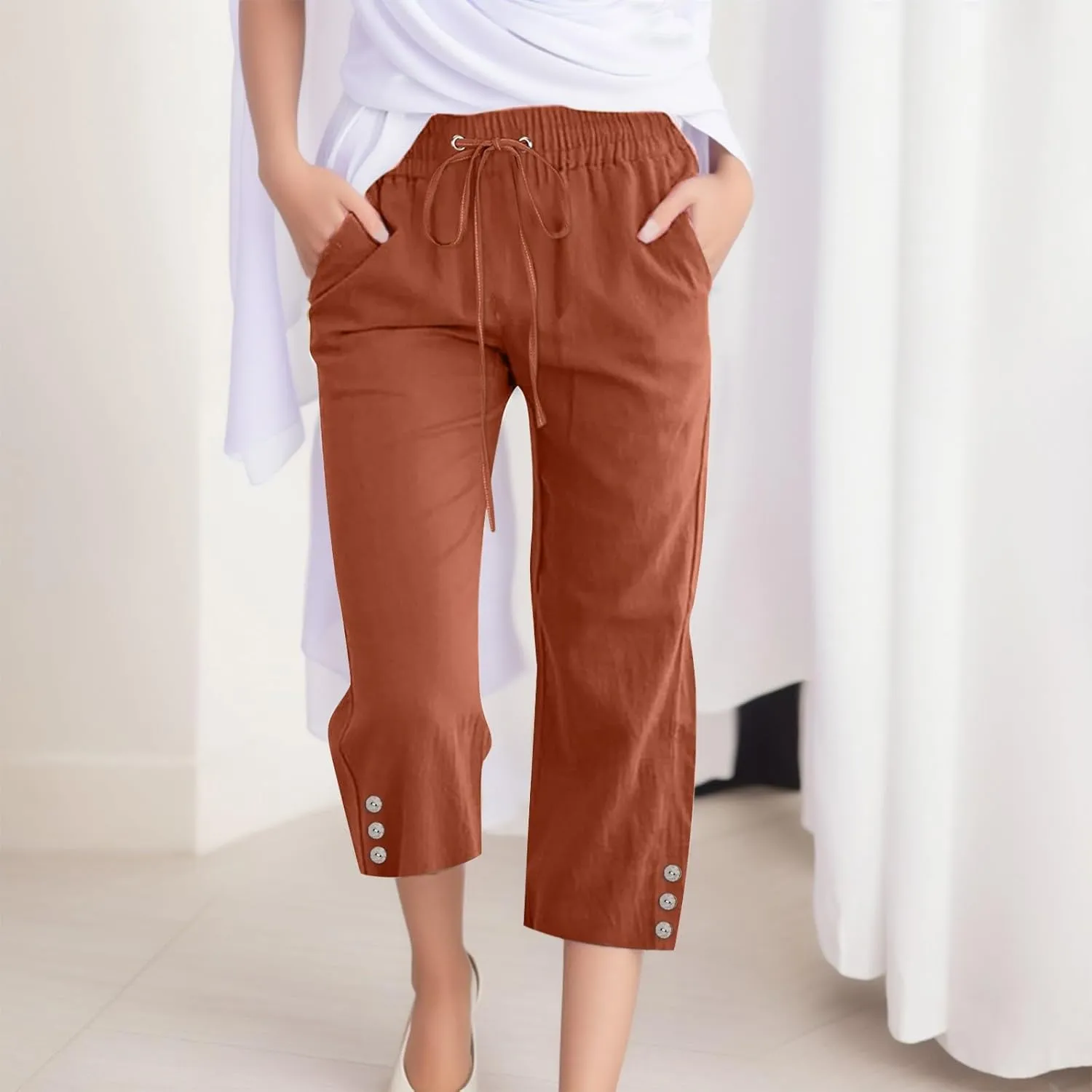Sunward Capri Linen Pants for Women Wide Leg Casual Cotton Pant Loose Drawstrings High Waist Lounge Trousers with Pocket