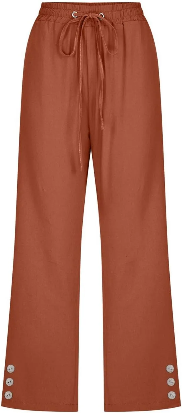 Sunward Capri Linen Pants for Women Wide Leg Casual Cotton Pant Loose Drawstrings High Waist Lounge Trousers with Pocket