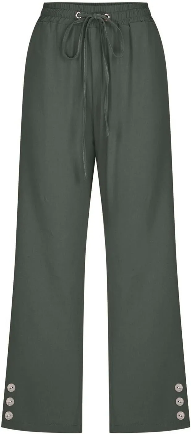 Sunward Capri Linen Pants for Women Wide Leg Casual Cotton Pant Loose Drawstrings High Waist Lounge Trousers with Pocket