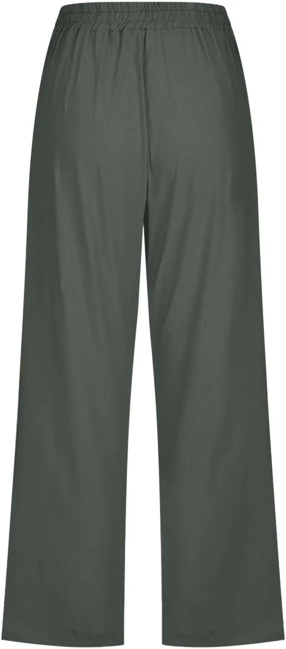 Sunward Capri Linen Pants for Women Wide Leg Casual Cotton Pant Loose Drawstrings High Waist Lounge Trousers with Pocket