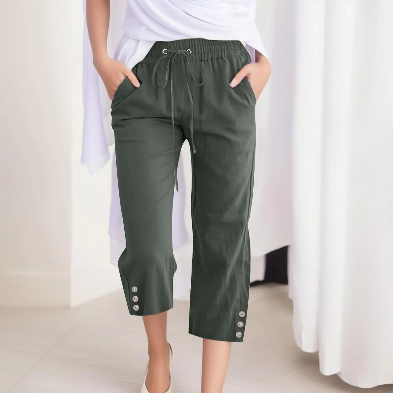 Sunward Capri Linen Pants for Women Wide Leg Casual Cotton Pant Loose Drawstrings High Waist Lounge Trousers with Pocket