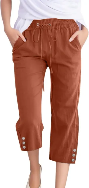 Sunward Capri Linen Pants for Women Wide Leg Casual Cotton Pant Loose Drawstrings High Waist Lounge Trousers with Pocket