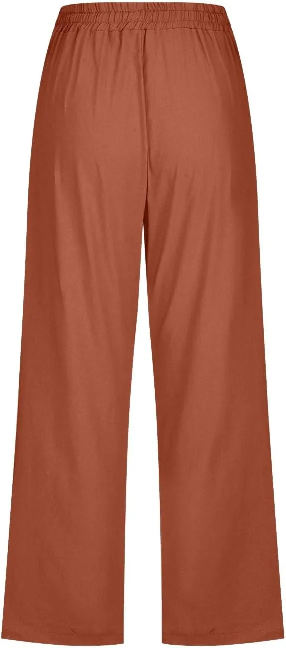 Sunward Capri Linen Pants for Women Wide Leg Casual Cotton Pant Loose Drawstrings High Waist Lounge Trousers with Pocket