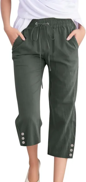 Sunward Capri Linen Pants for Women Wide Leg Casual Cotton Pant Loose Drawstrings High Waist Lounge Trousers with Pocket