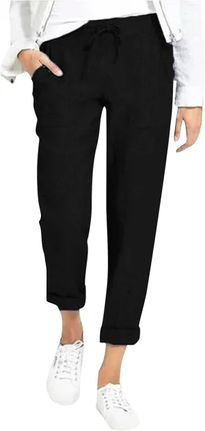 Sunward Women's Linen Lounge Pants Straight Wide Leg Pull on Dress Work Pant Drawstring High Waist Casual Tapered Trousers