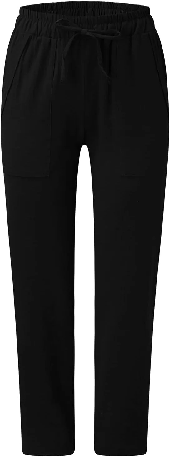 Sunward Women's Linen Lounge Pants Straight Wide Leg Pull on Dress Work Pant Drawstring High Waist Casual Tapered Trousers