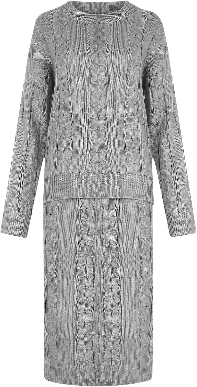 Sweater Suit for Womens Knitwear Tops Dress Two Pieces Set Oversized Long Sleeve Cable Knitted Pullover Skirt Set