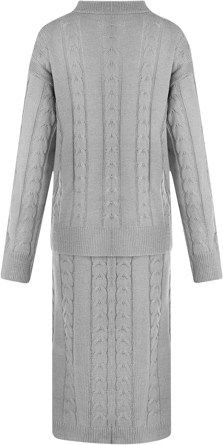 Sweater Suit for Womens Knitwear Tops Dress Two Pieces Set Oversized Long Sleeve Cable Knitted Pullover Skirt Set