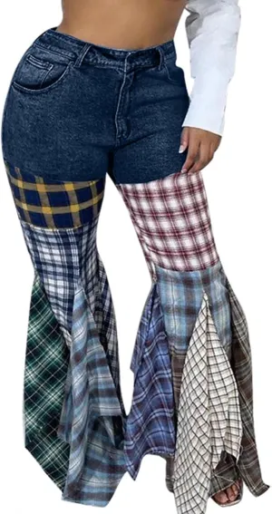Tcremisa Flare Jeans for Women Stretch High Waisted Plaid Bell Bottoms Patchwork Denim Pants