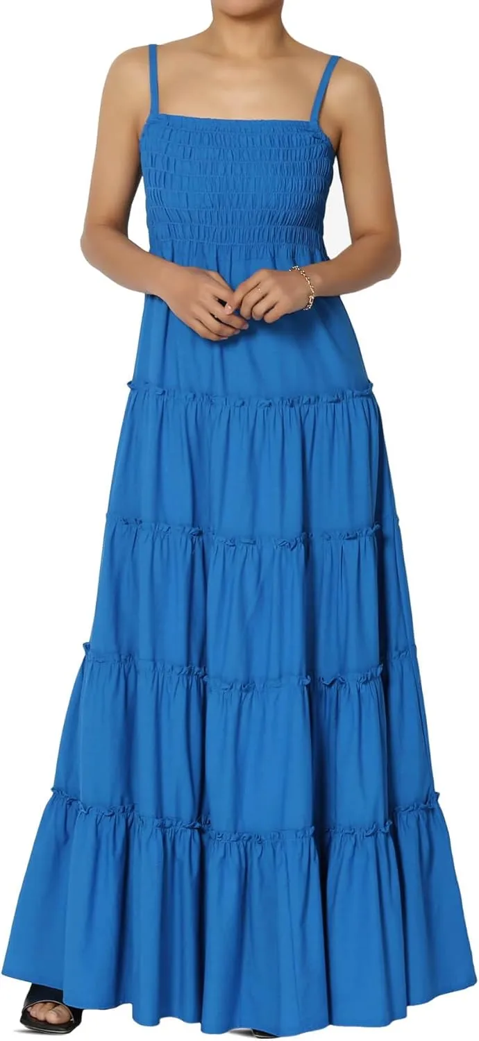 TheMogan Women's Chic Smocked Cami Tiered Maxi Dress Spaghetti Strap A-Line Skirt Summer Casual
