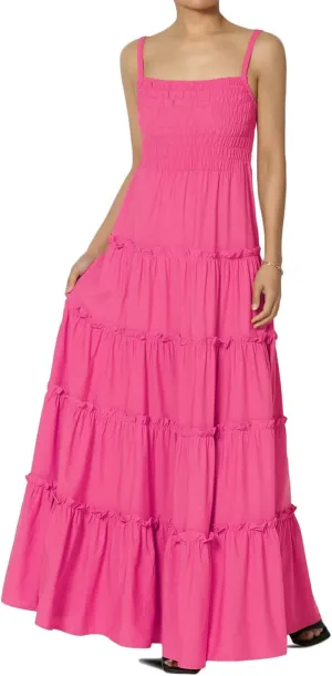TheMogan Women's Chic Smocked Cami Tiered Maxi Dress Spaghetti Strap A-Line Skirt Summer Casual