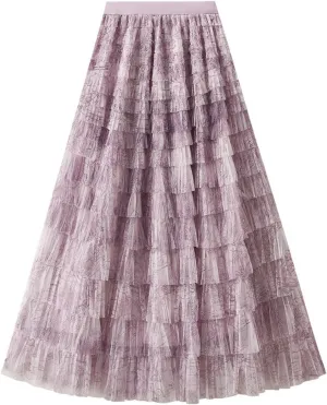 Tiered Tulle Skirt for Women Tie Dye Long Tulle Skirts Ruffle Mesh Multi-Layered Cake Skirt A-Line Fairy Skirts