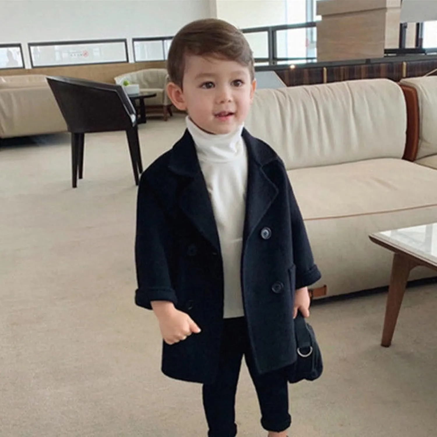 Toddler Elegant Boys Trench Coat Girls Coat Plaid Double Jacket Breasted Notched Wool Coat Kids Warm Outwear