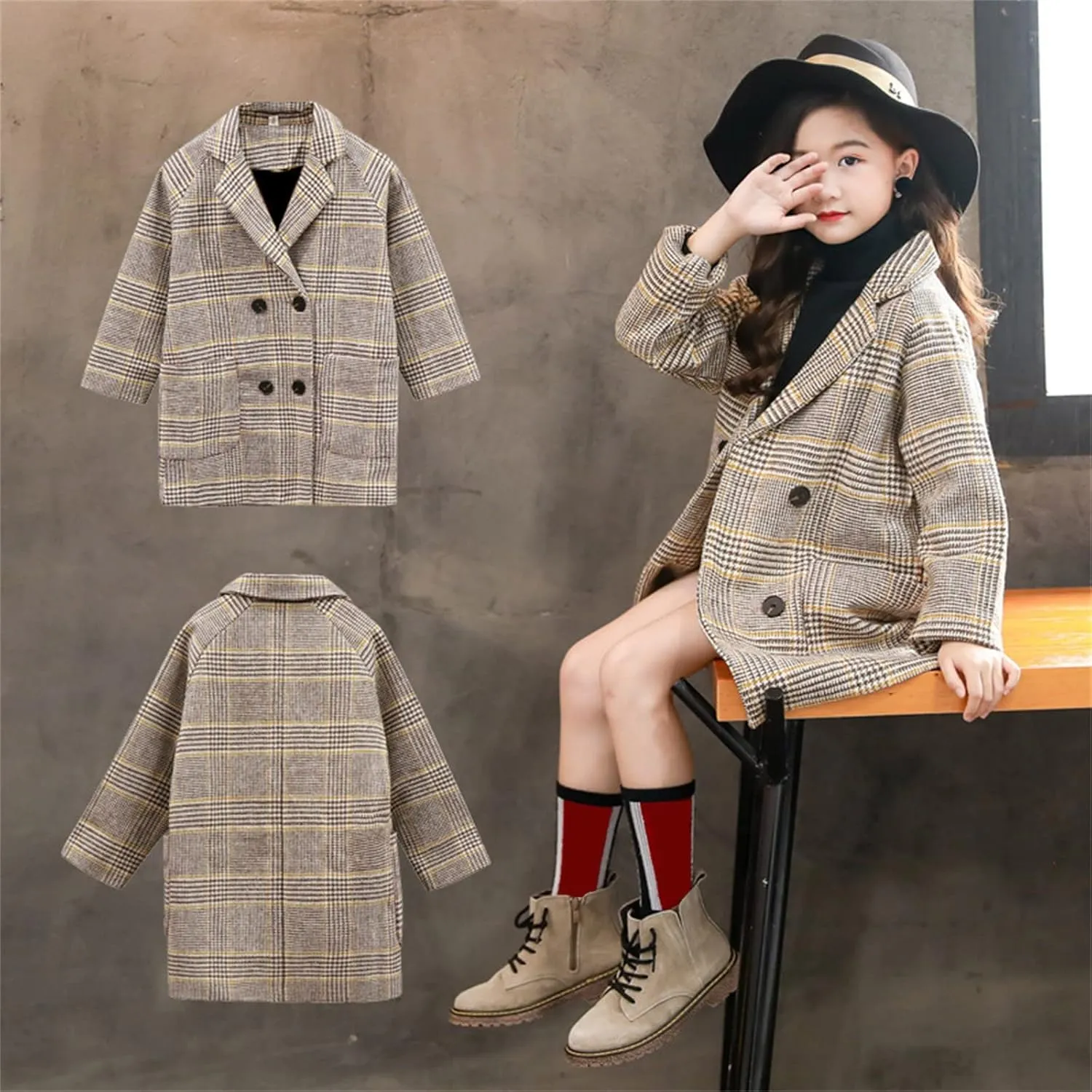 Toddler Girls Trench Coat Plaid Double Breast Lapel Outerwear Princess Spring Fall Outwear Dress Coats 3-9 Years