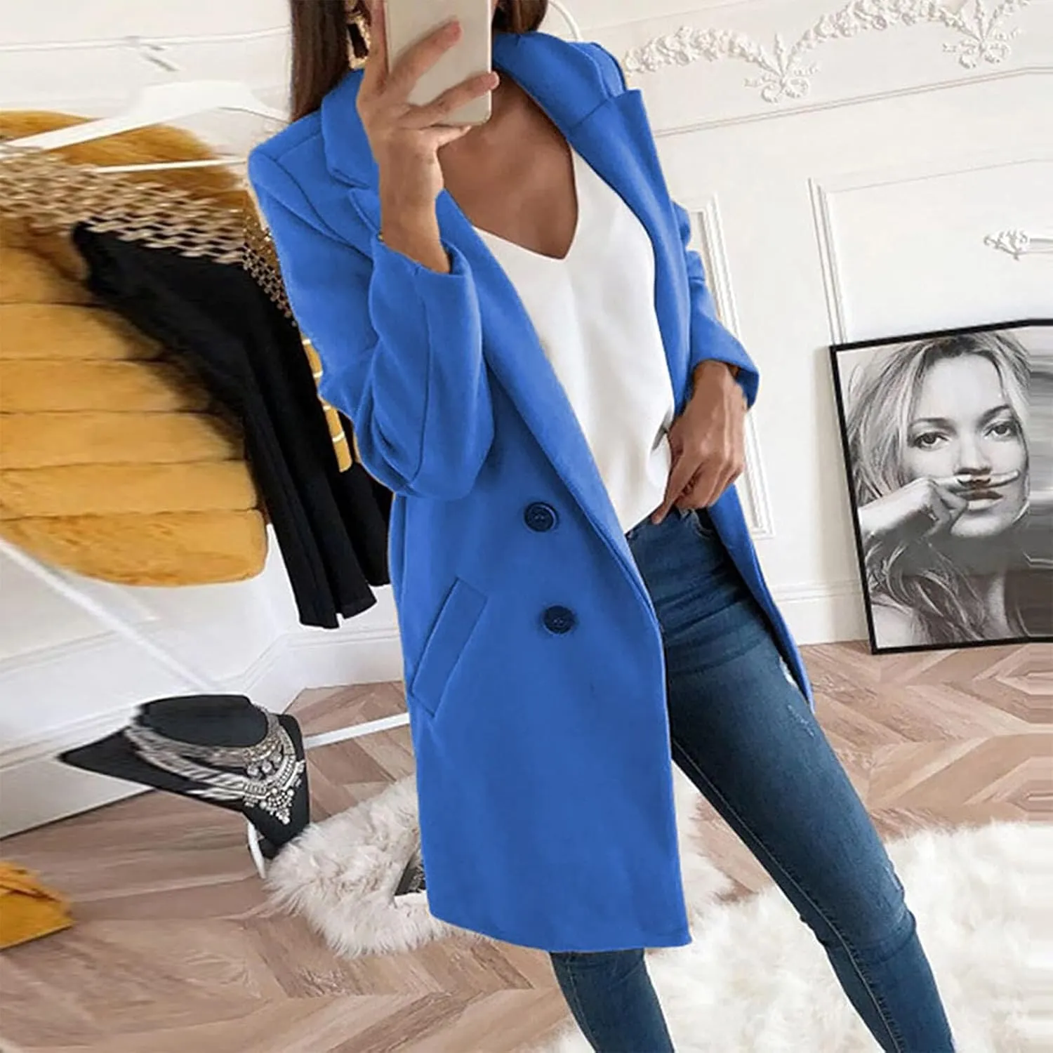 Trench Coat for Women 2024 Fall Winter Trendy Button Long Outwear Solid Color Long Sleeve Cute Jacket with Pockets
