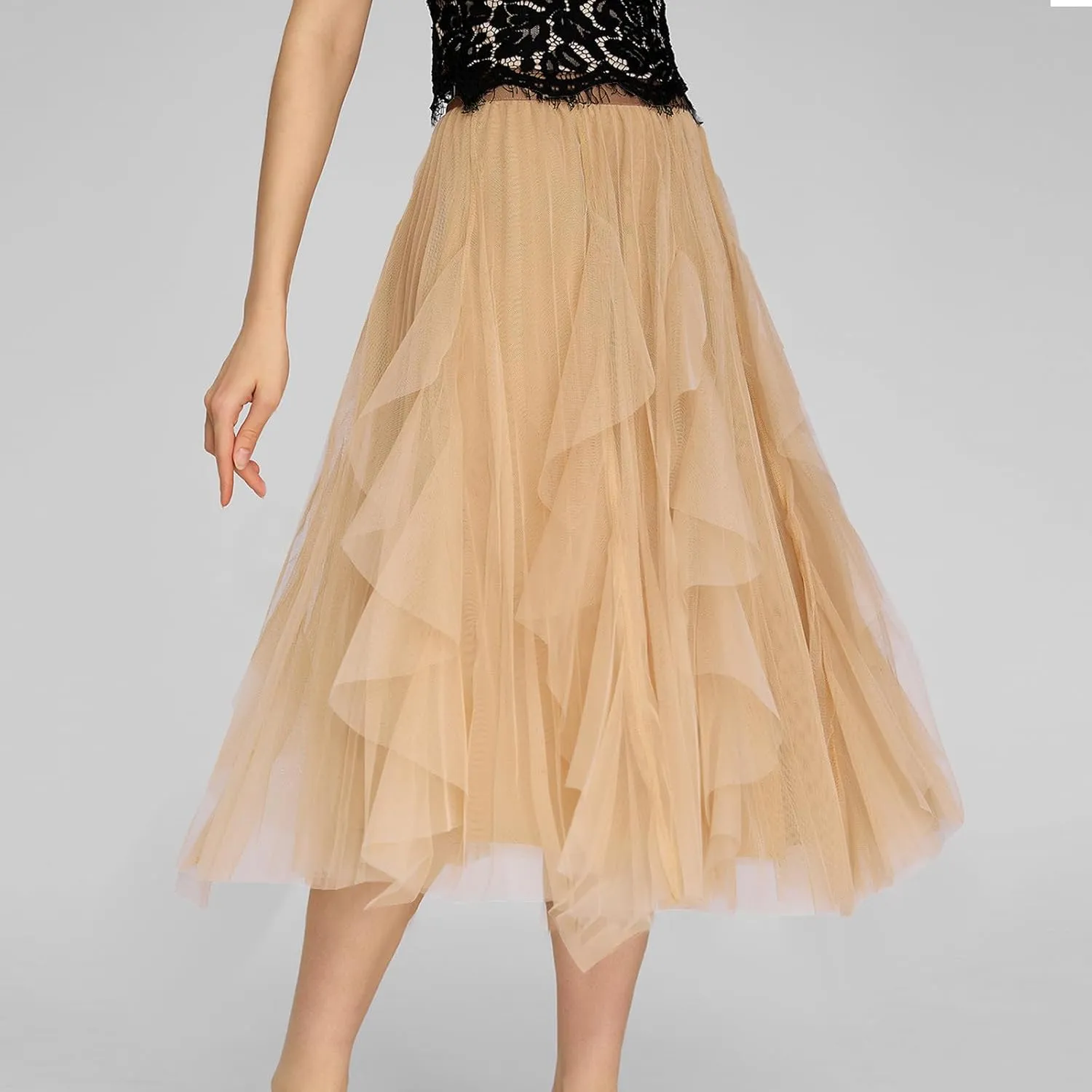 Tulle Skirts for Women Elastic Waist Midi Skirts Summer Flowy Skirts Puffy Tiered Skirt Trendy A Line Mesh Skirts