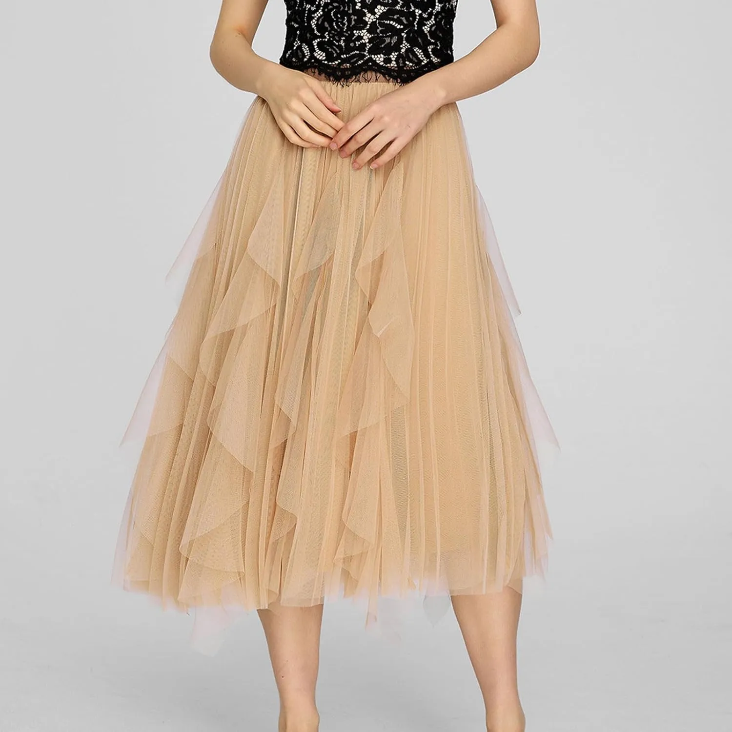 Tulle Skirts for Women Elastic Waist Midi Skirts Summer Flowy Skirts Puffy Tiered Skirt Trendy A Line Mesh Skirts