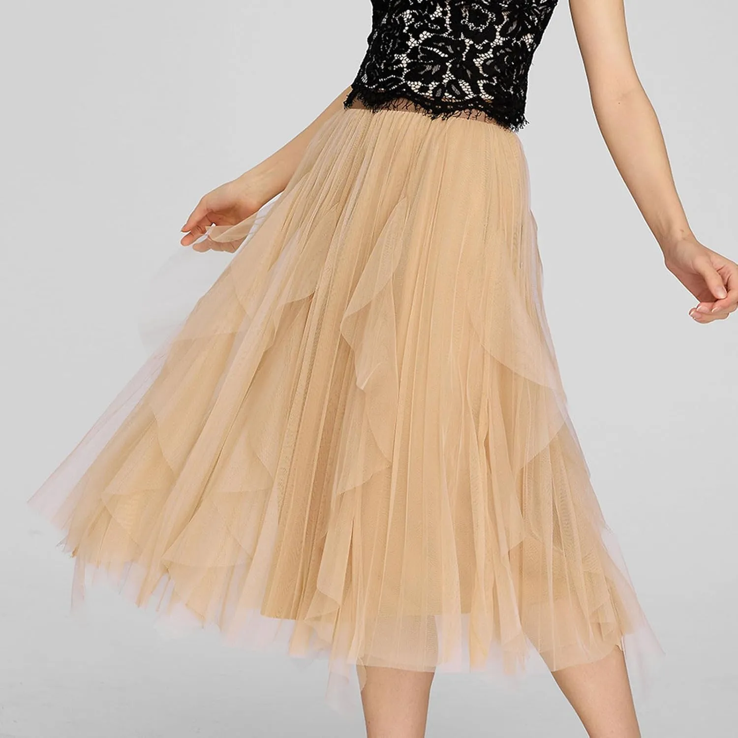 Tulle Skirts for Women Elastic Waist Midi Skirts Summer Flowy Skirts Puffy Tiered Skirt Trendy A Line Mesh Skirts