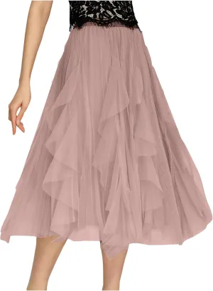 Tulle Skirts for Women Elastic Waist Midi Skirts Summer Flowy Skirts Puffy Tiered Skirt Trendy A Line Mesh Skirts