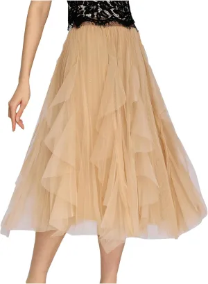 Tulle Skirts for Women Elastic Waist Midi Skirts Summer Flowy Skirts Puffy Tiered Skirt Trendy A Line Mesh Skirts