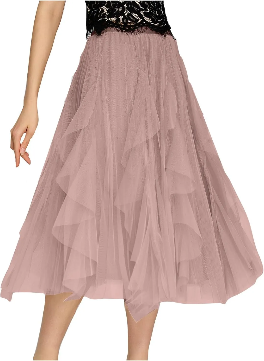 Tulle Skirts for Women Elastic Waist Midi Skirts Summer Flowy Skirts Puffy Tiered Skirt Trendy A Line Mesh Skirts