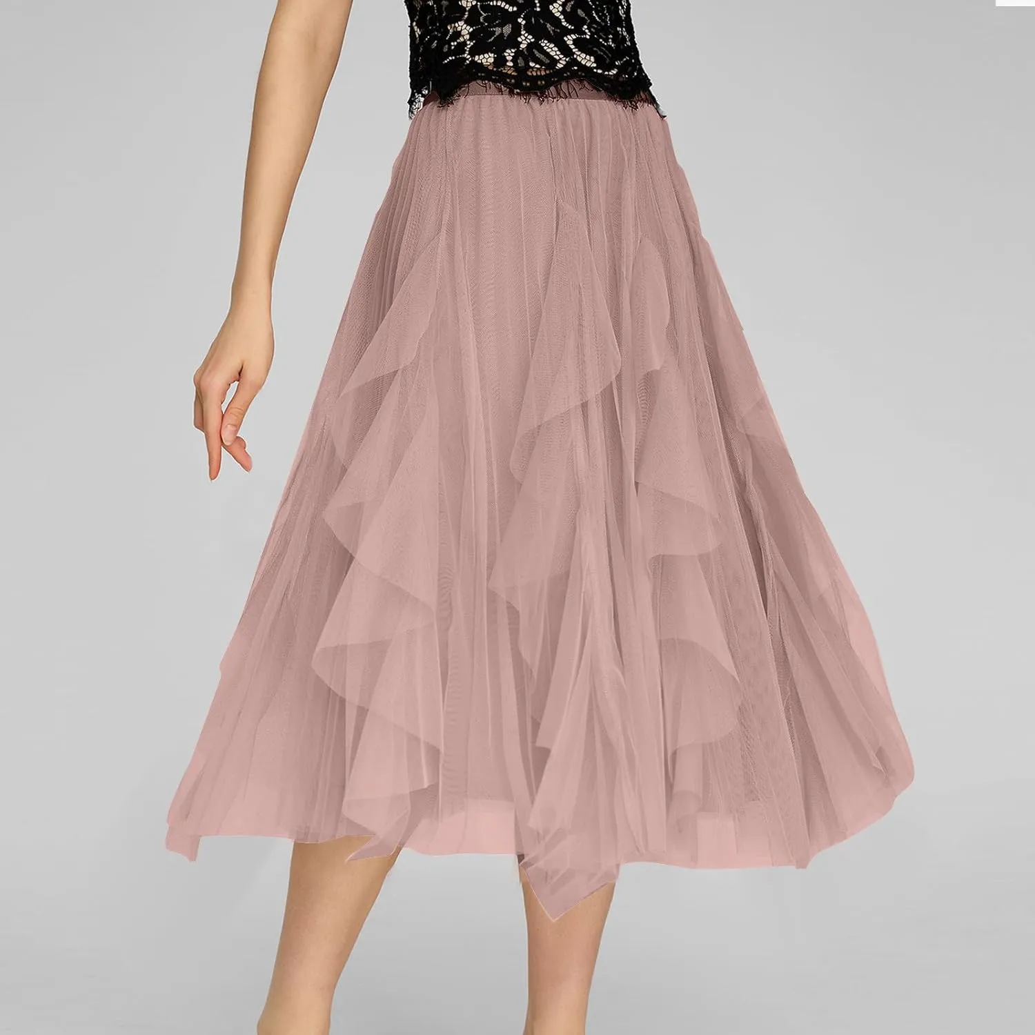 Tulle Skirts for Women Elastic Waist Midi Skirts Summer Flowy Skirts Puffy Tiered Skirt Trendy A Line Mesh Skirts