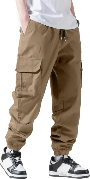 Verdusa Men's Cargo Pants Elastic Wasit Workout Joggers Tactical Pro Club Sweat Bottoms with Pockets