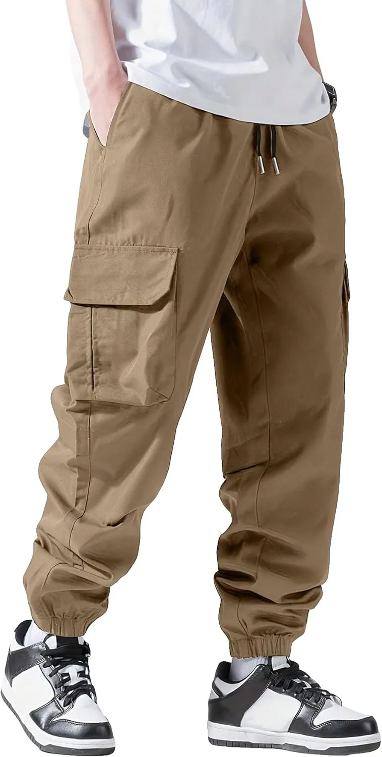 Verdusa Men's Cargo Pants Elastic Wasit Workout Joggers Tactical Pro Club Sweat Bottoms with Pockets