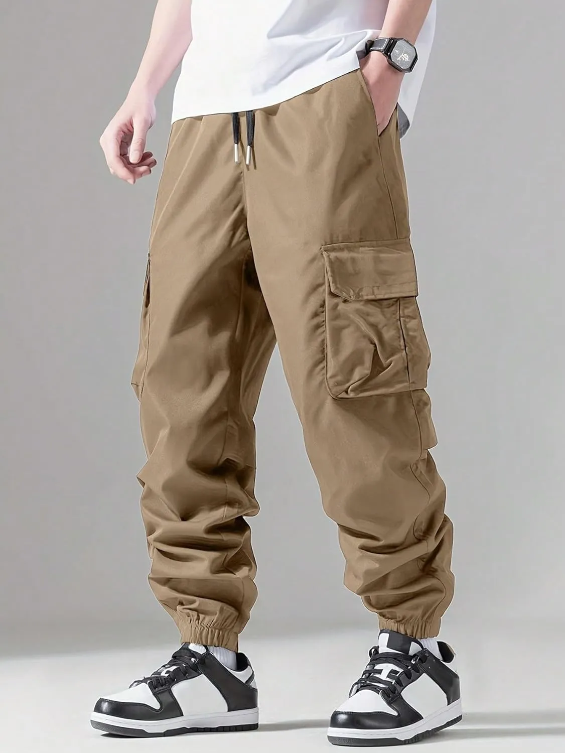 Verdusa Men's Cargo Pants Elastic Wasit Workout Joggers Tactical Pro Club Sweat Bottoms with Pockets