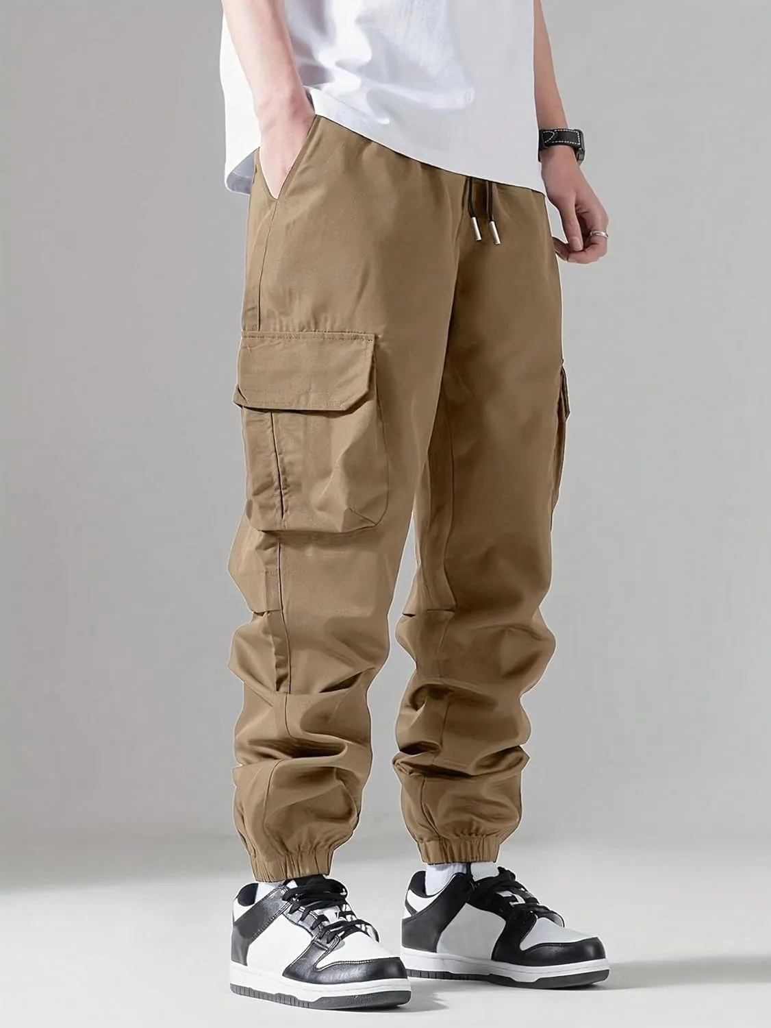 Verdusa Men's Cargo Pants Elastic Wasit Workout Joggers Tactical Pro Club Sweat Bottoms with Pockets