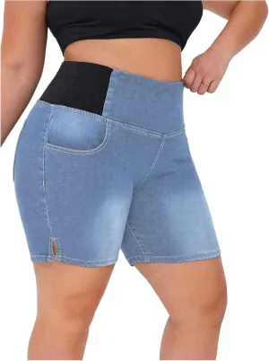 Verdusa Women's Plus Size Casual Jean Shorts High Waisted Stretchy Denim Bottoms with Pockets
