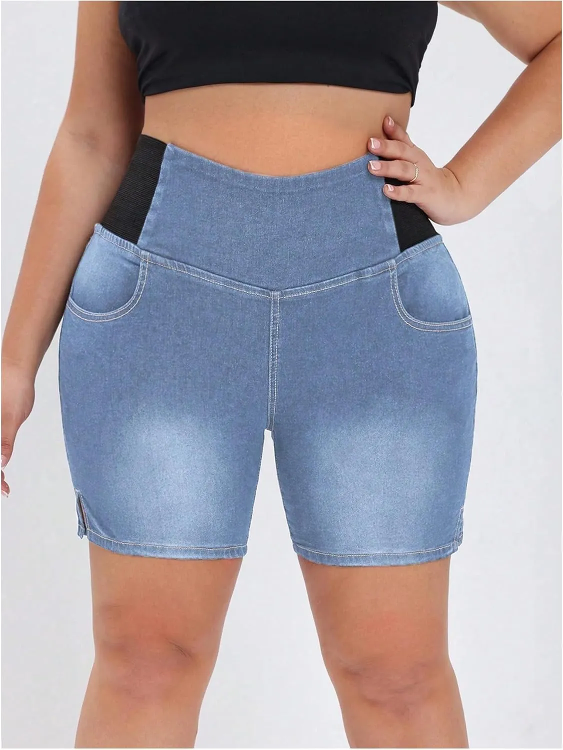 Verdusa Women's Plus Size Casual Jean Shorts High Waisted Stretchy Denim Bottoms with Pockets