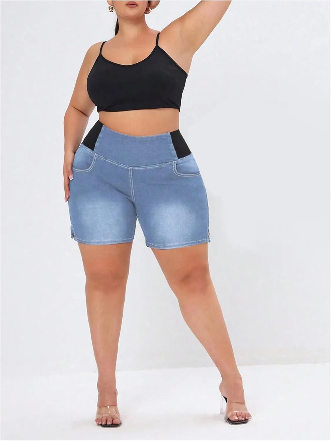 Verdusa Women's Plus Size Casual Jean Shorts High Waisted Stretchy Denim Bottoms with Pockets