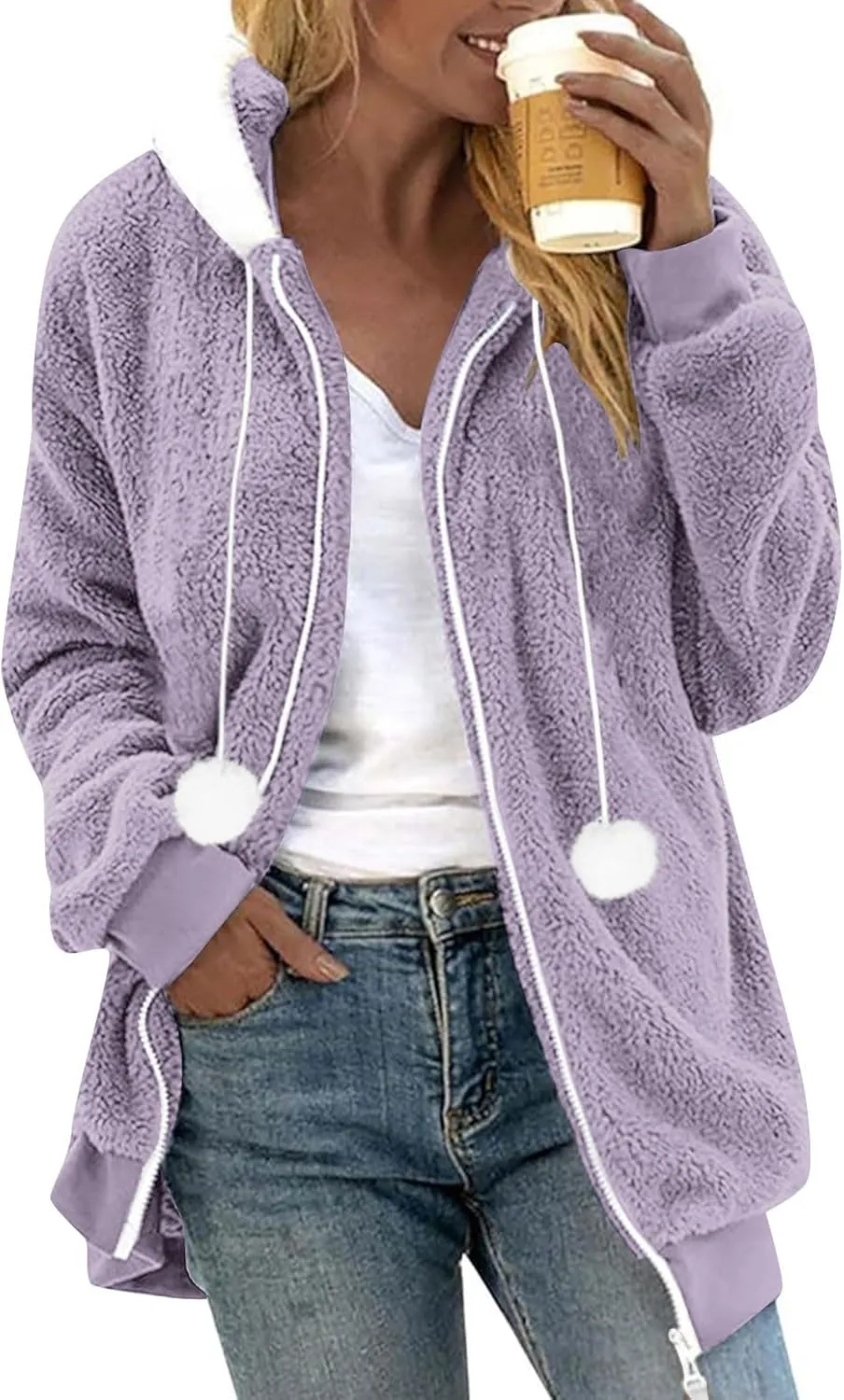Warm Winter Coats for Women Fuzzy Fleece Jacket Fur Hooded Color Block Cardigan Zip Up Outerwear with Pockets