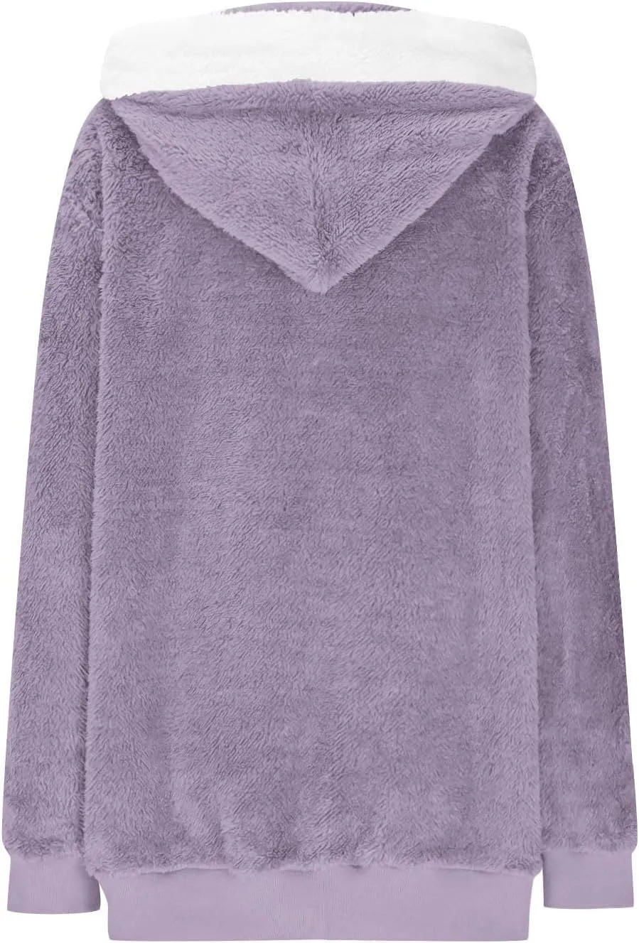 Warm Winter Coats for Women Fuzzy Fleece Jacket Fur Hooded Color Block Cardigan Zip Up Outerwear with Pockets