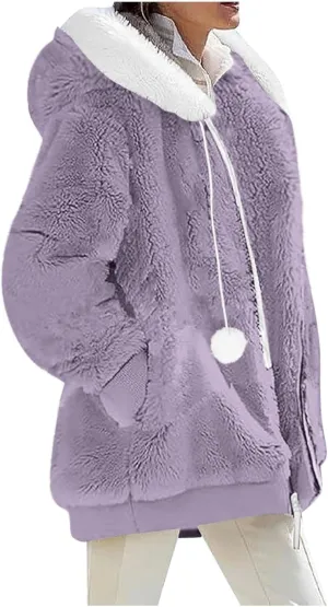 Warm Winter Coats for Women Fuzzy Fleece Jacket Fur Hooded Color Block Cardigan Zip Up Outerwear with Pockets