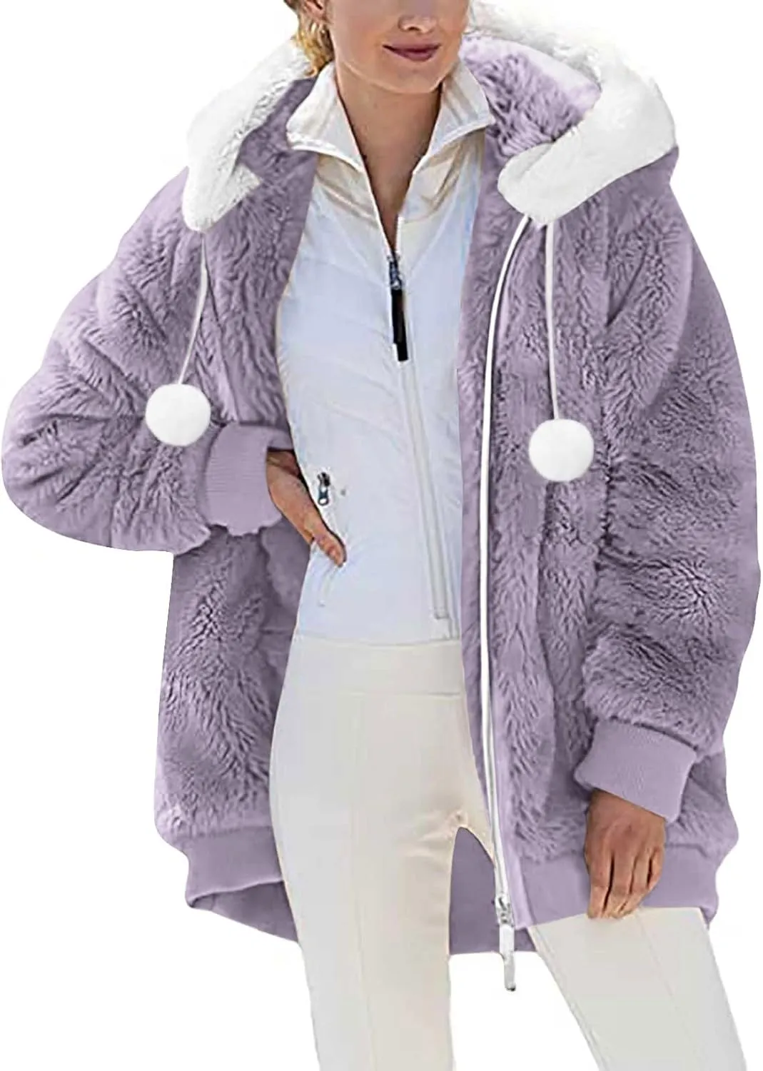 Warm Winter Coats for Women Fuzzy Fleece Jacket Fur Hooded Color Block Cardigan Zip Up Outerwear with Pockets