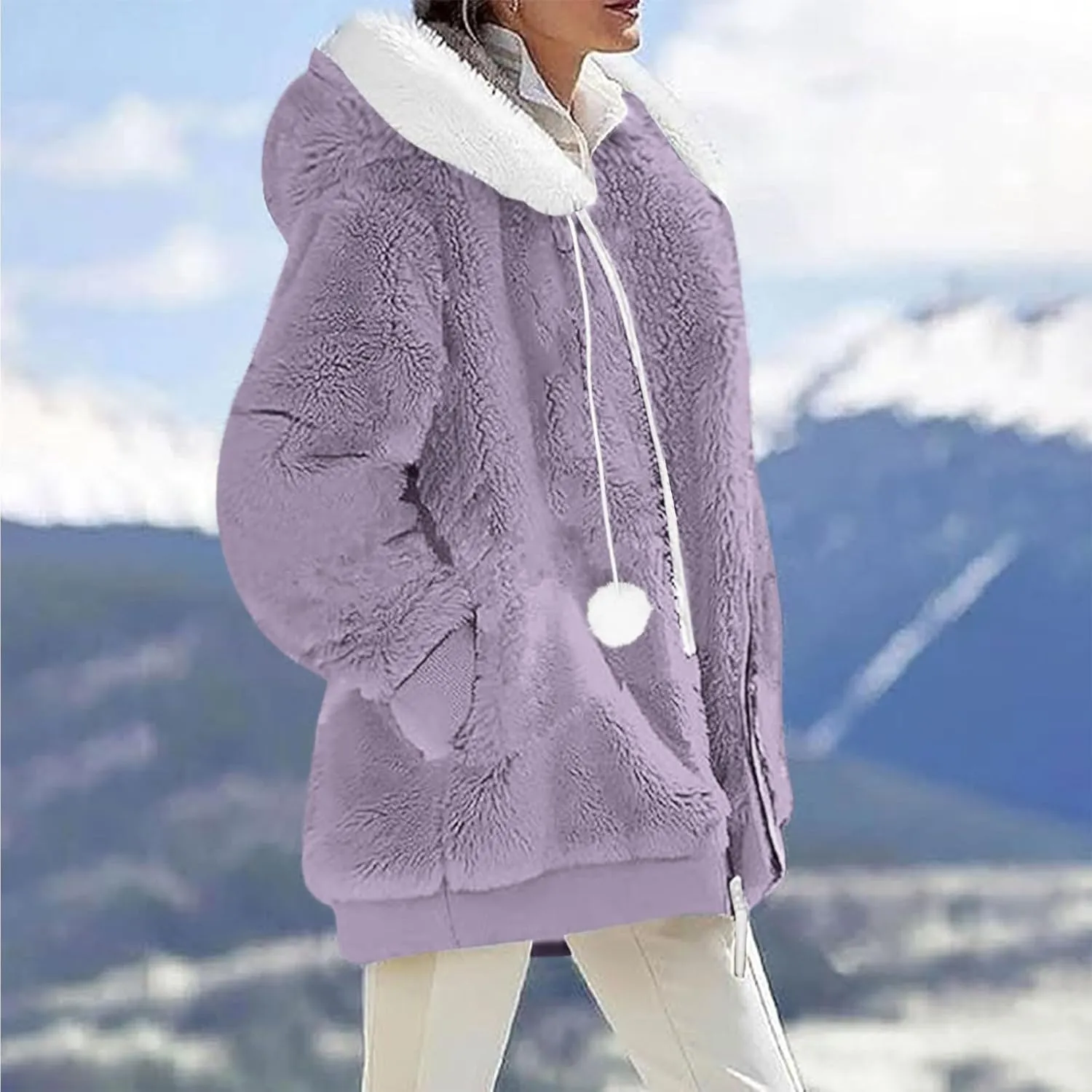 Warm Winter Coats for Women Fuzzy Fleece Jacket Fur Hooded Color Block Cardigan Zip Up Outerwear with Pockets