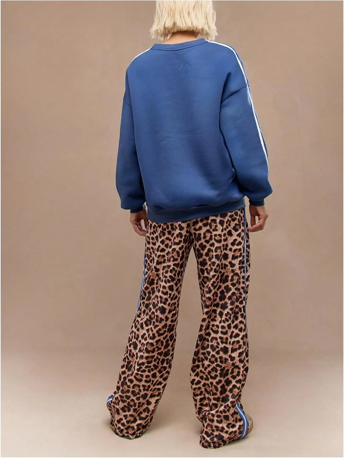 WDIRARA Women's Y2k Leopard Print Pants Elastic Waist Wide Leg Pants Trousers Bottoms