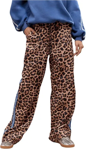 WDIRARA Women's Y2k Leopard Print Pants Elastic Waist Wide Leg Pants Trousers Bottoms