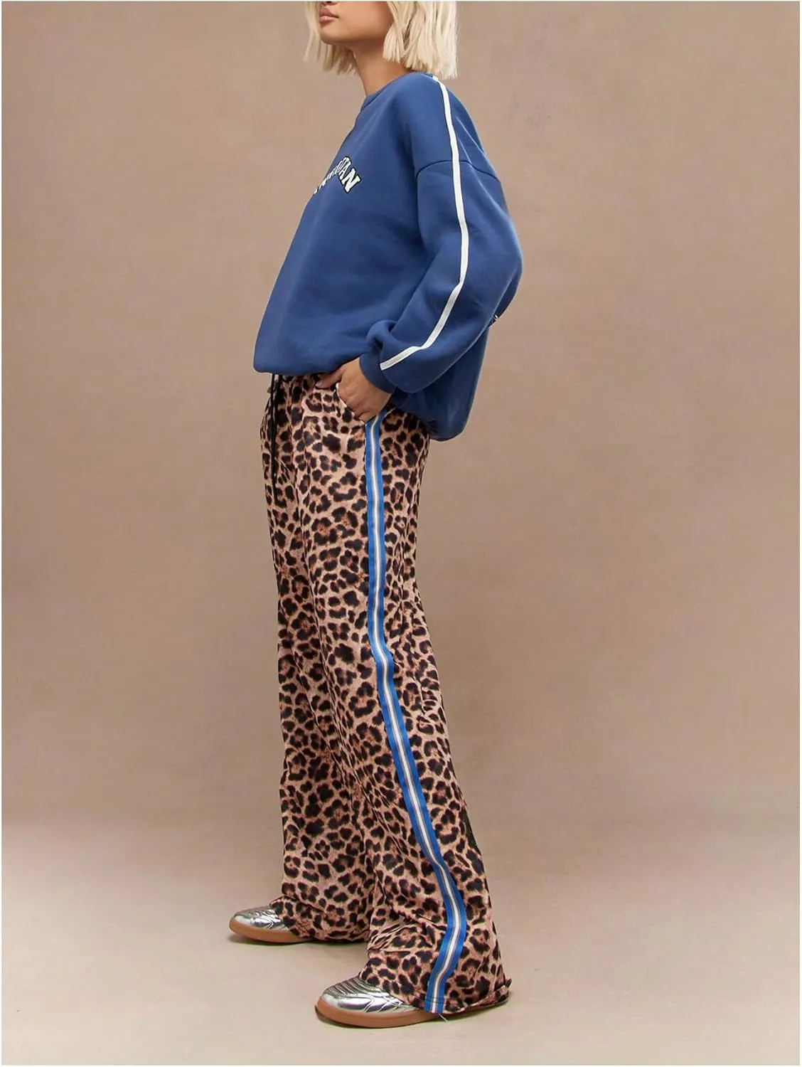 WDIRARA Women's Y2k Leopard Print Pants Elastic Waist Wide Leg Pants Trousers Bottoms