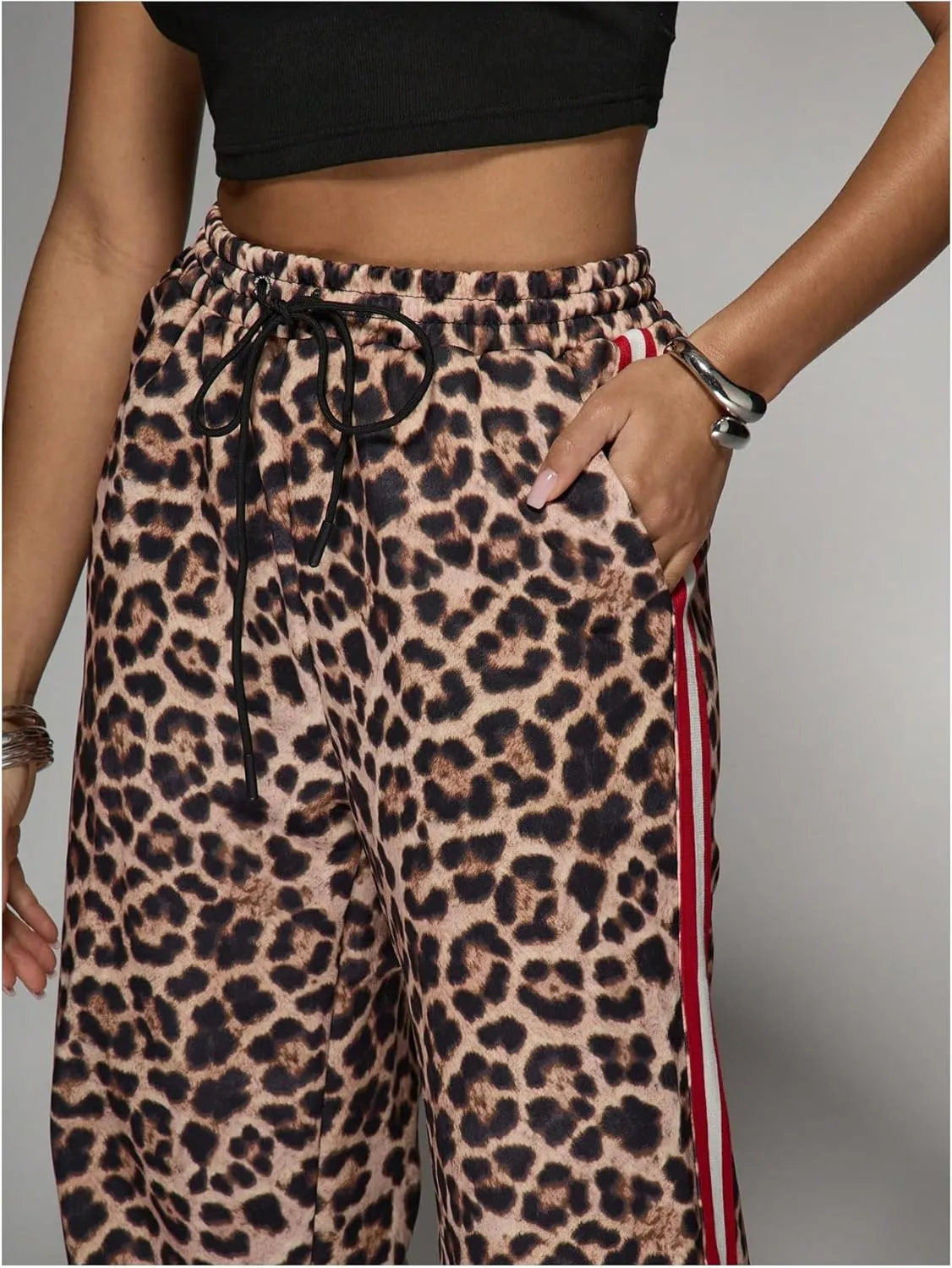 WDIRARA Women's Y2k Leopard Print Pants Elastic Waist Wide Leg Pants Trousers Bottoms