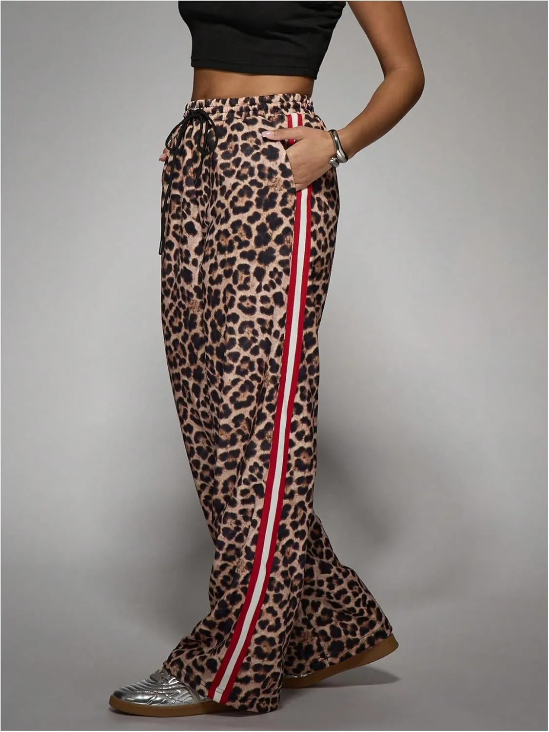WDIRARA Women's Y2k Leopard Print Pants Elastic Waist Wide Leg Pants Trousers Bottoms