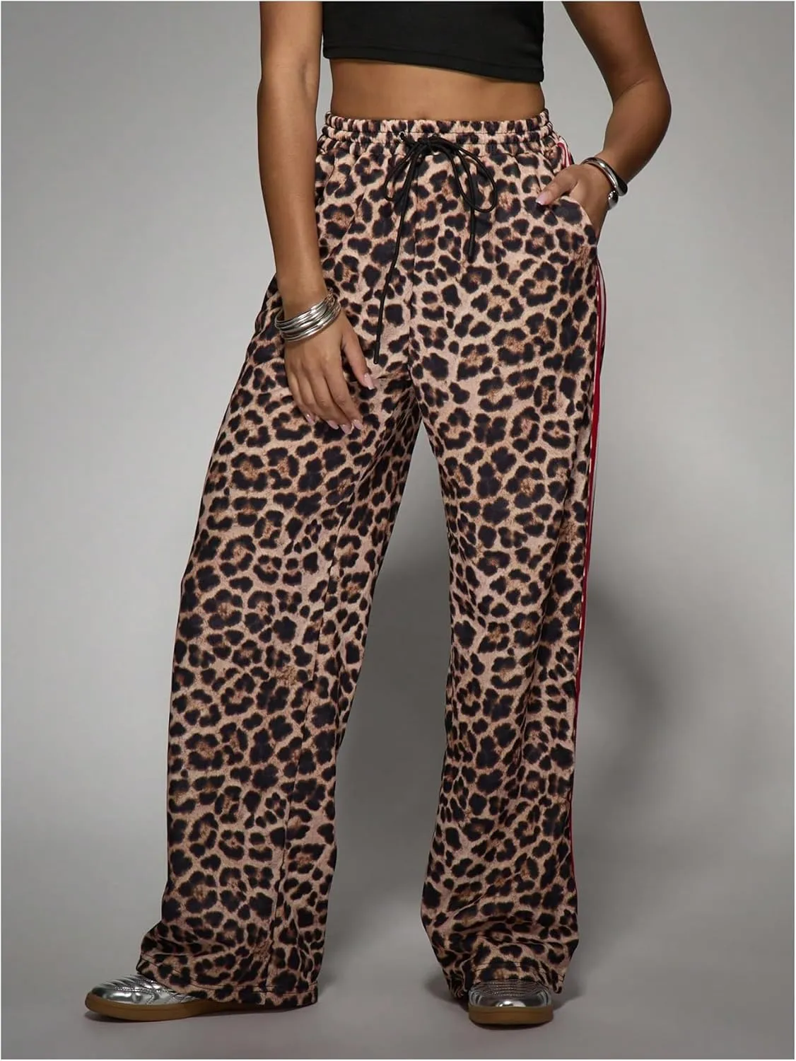WDIRARA Women's Y2k Leopard Print Pants Elastic Waist Wide Leg Pants Trousers Bottoms