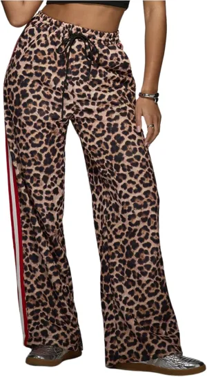 WDIRARA Women's Y2k Leopard Print Pants Elastic Waist Wide Leg Pants Trousers Bottoms