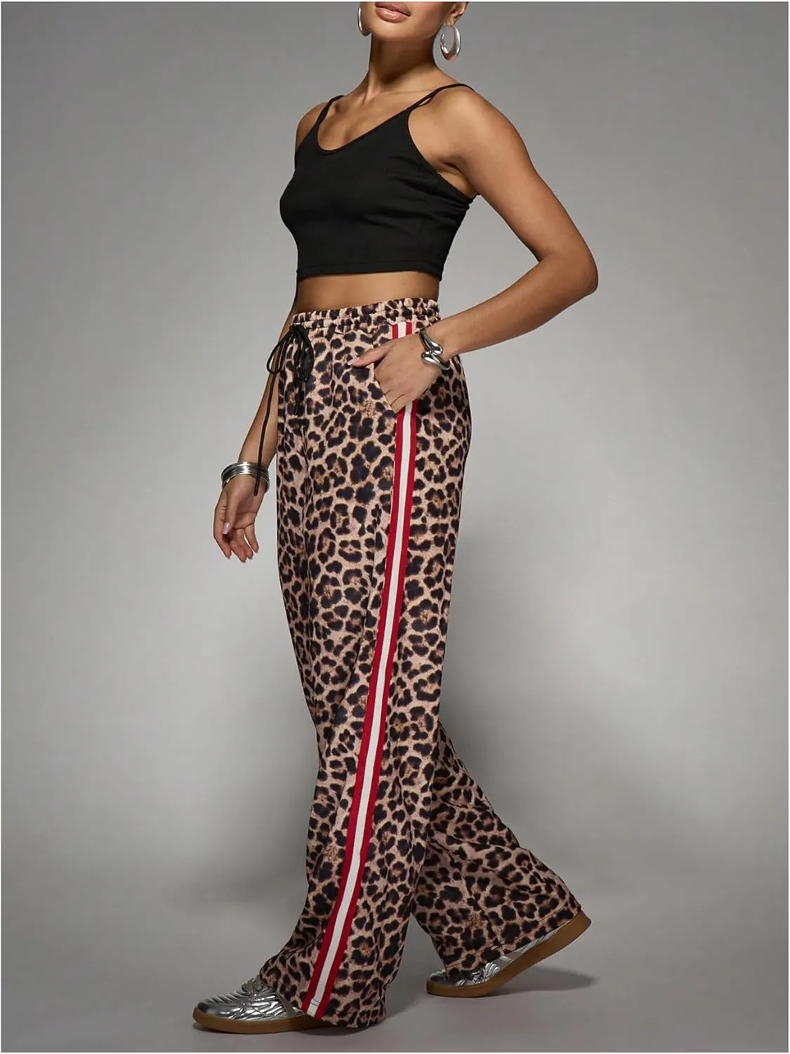 WDIRARA Women's Y2k Leopard Print Pants Elastic Waist Wide Leg Pants Trousers Bottoms
