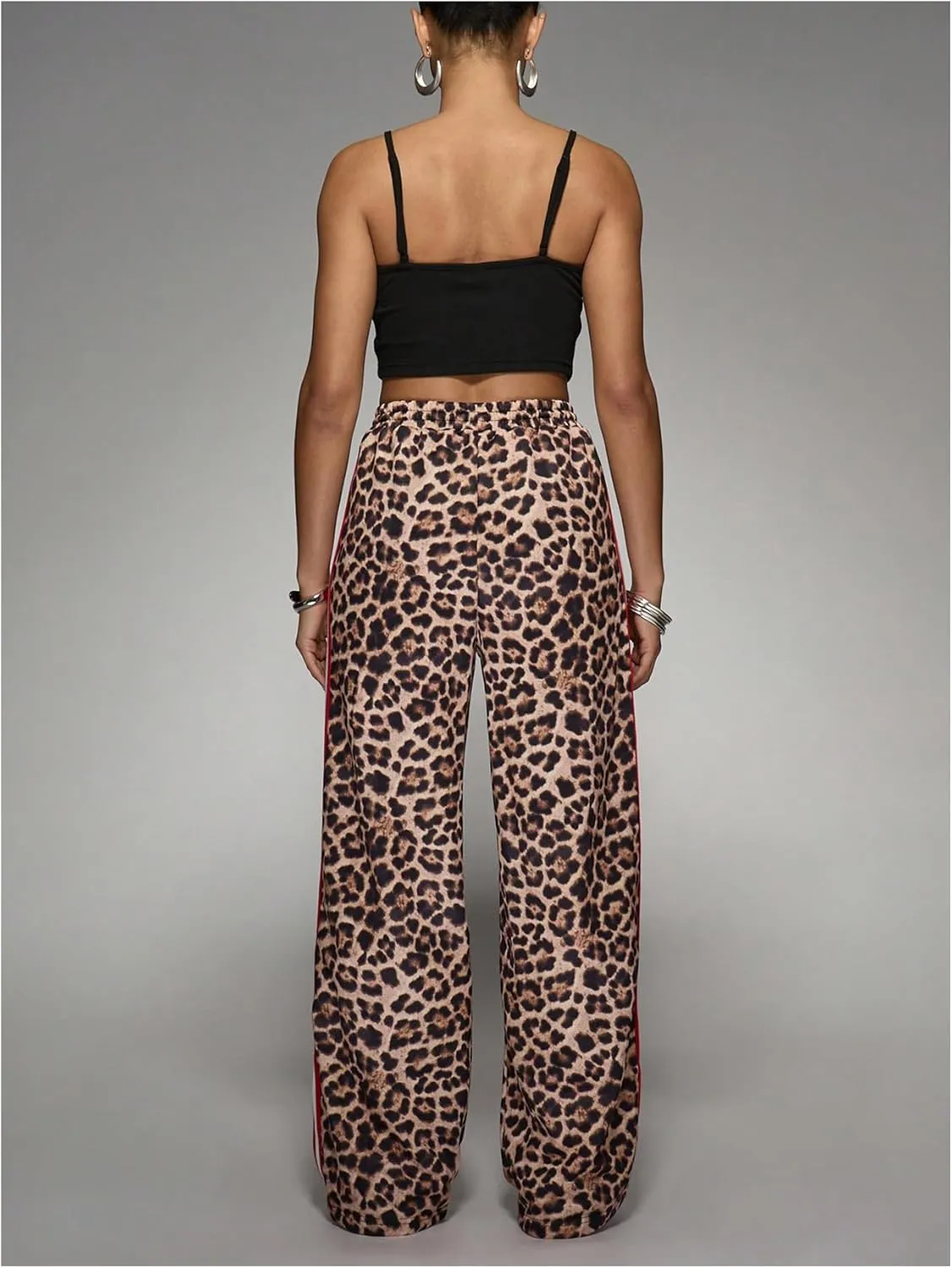 WDIRARA Women's Y2k Leopard Print Pants Elastic Waist Wide Leg Pants Trousers Bottoms