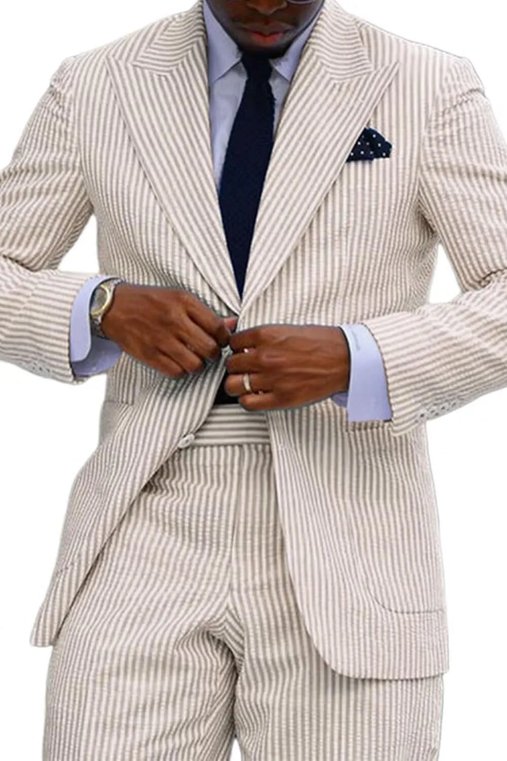Wehilion Men's Striped Seersucker Suits 2 Piece Slim Fit Wedding Tuxedo Summer Beach Suits Sets